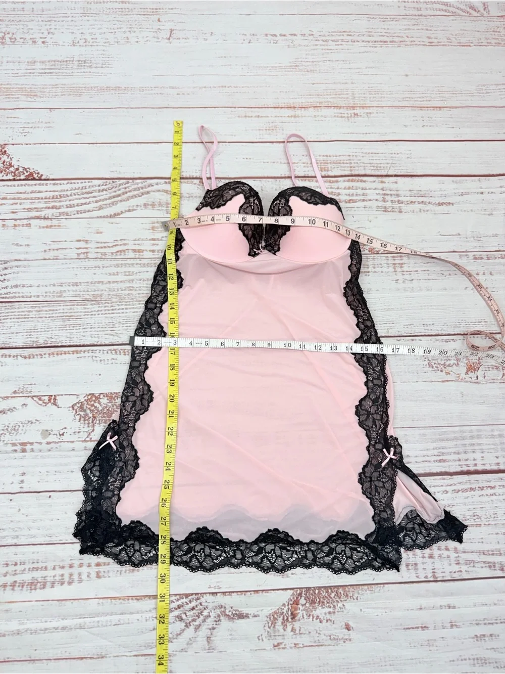 Victoria’s Secret size 34D Pink Black Lace Trim Push Up Bra Nighty Slip Dress